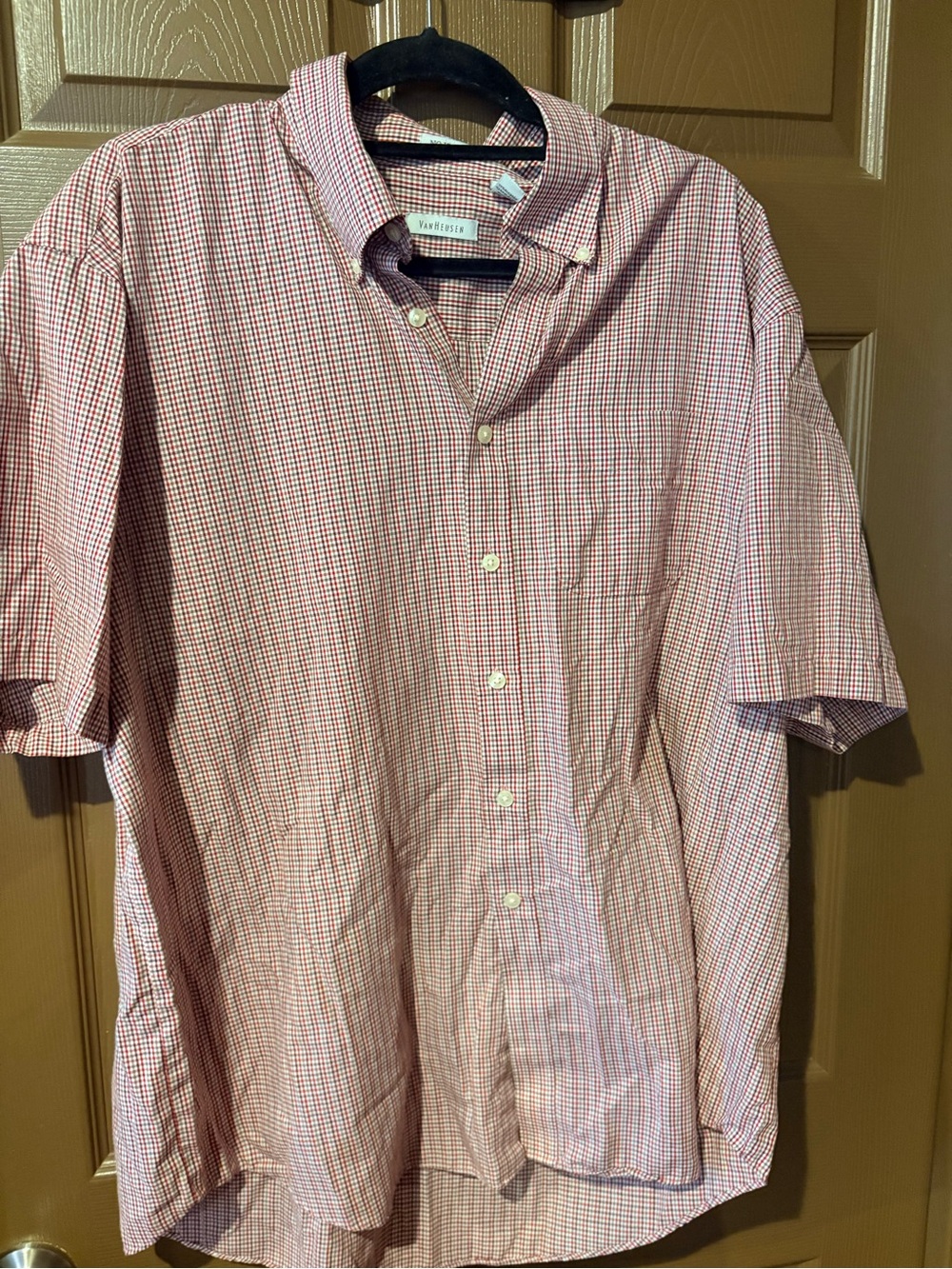 Van Heusen Red and White Small-Check Short Sleeve Button-Down Shirt